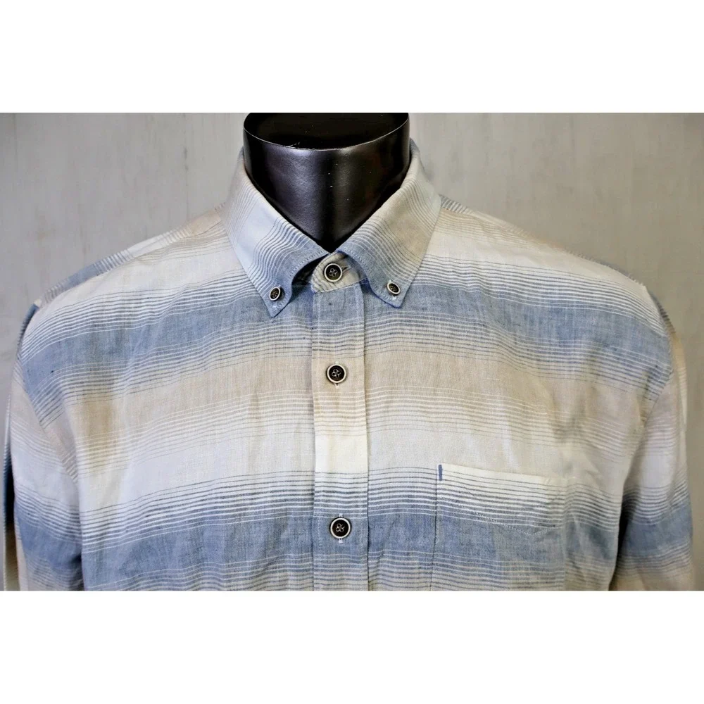 32 Bar Blue Linen Blend Shirt Long Sleeve Button Front Size XL Blue White Brown